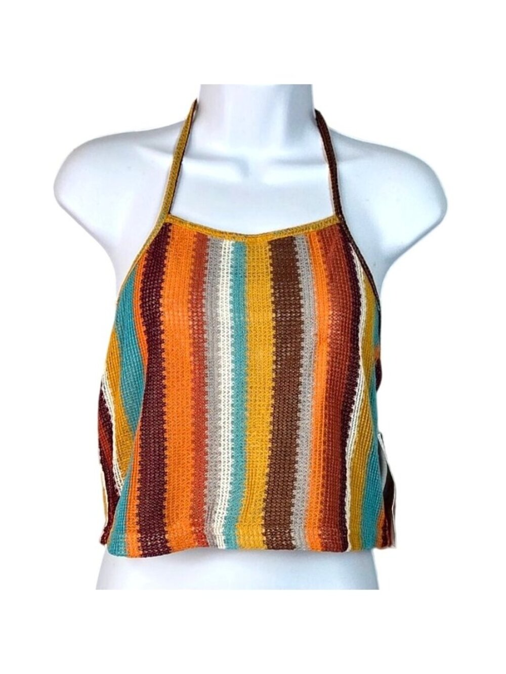 Sweet Rain Crochet Style Tie Neck Halter Top Multicolor Striped Size Large NWT